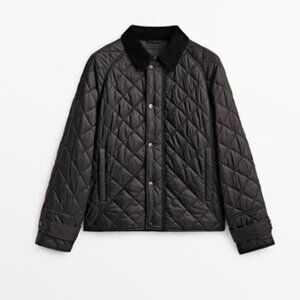 Massimo Dutti Short Quilted Jacket with a Corduroy Collar / Black / Size L